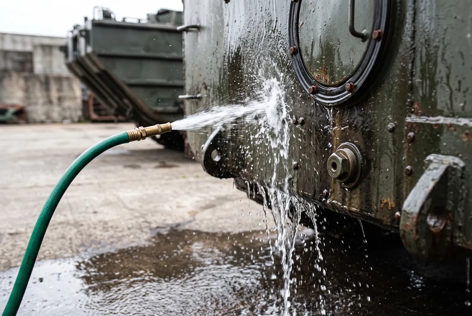 Detail van een Amfibievoertuig Houdt hij het water buiten?